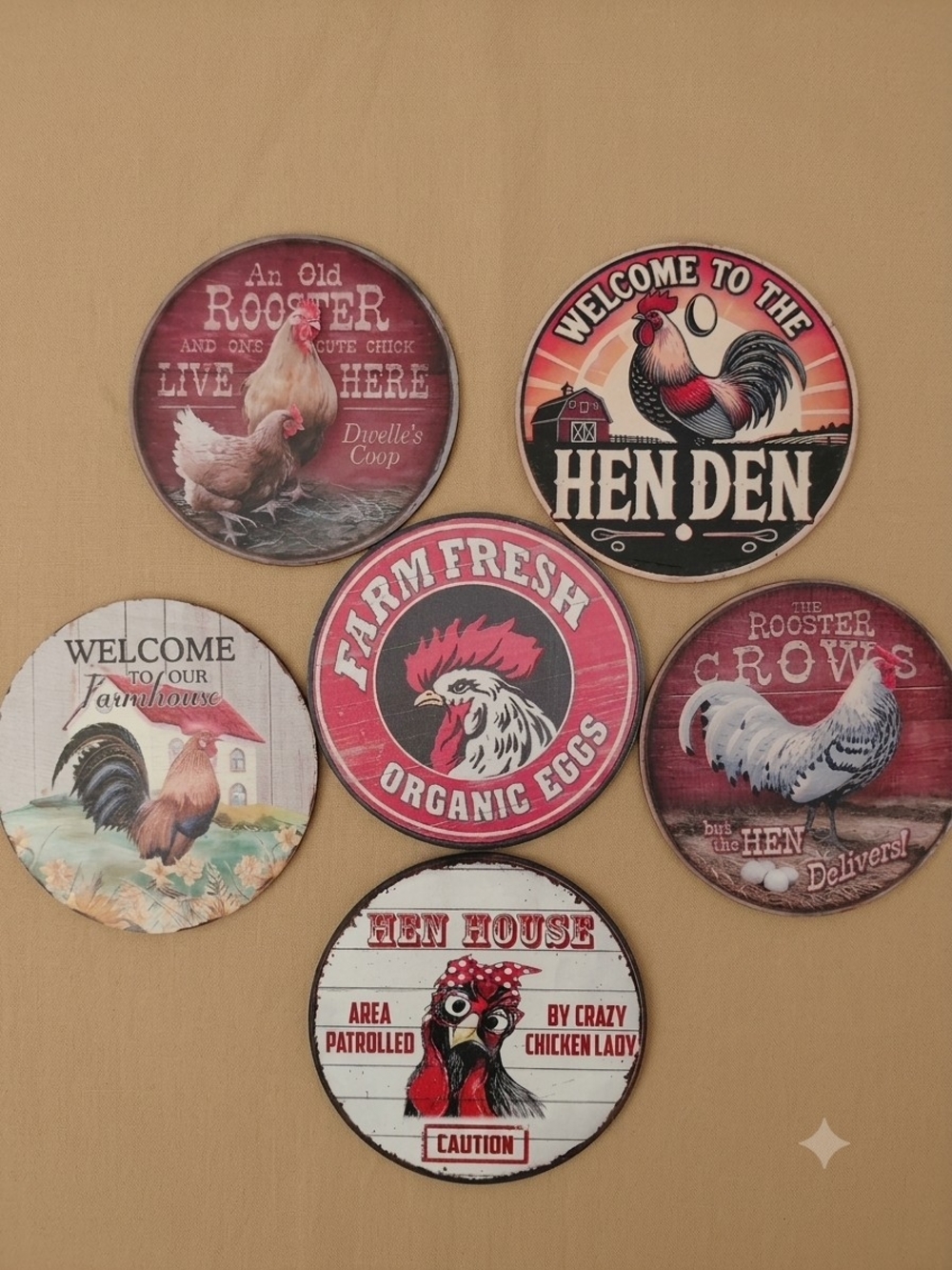 Farm Fresh Organic Eggs Round Coasters - Red and Cream Rooster Decor